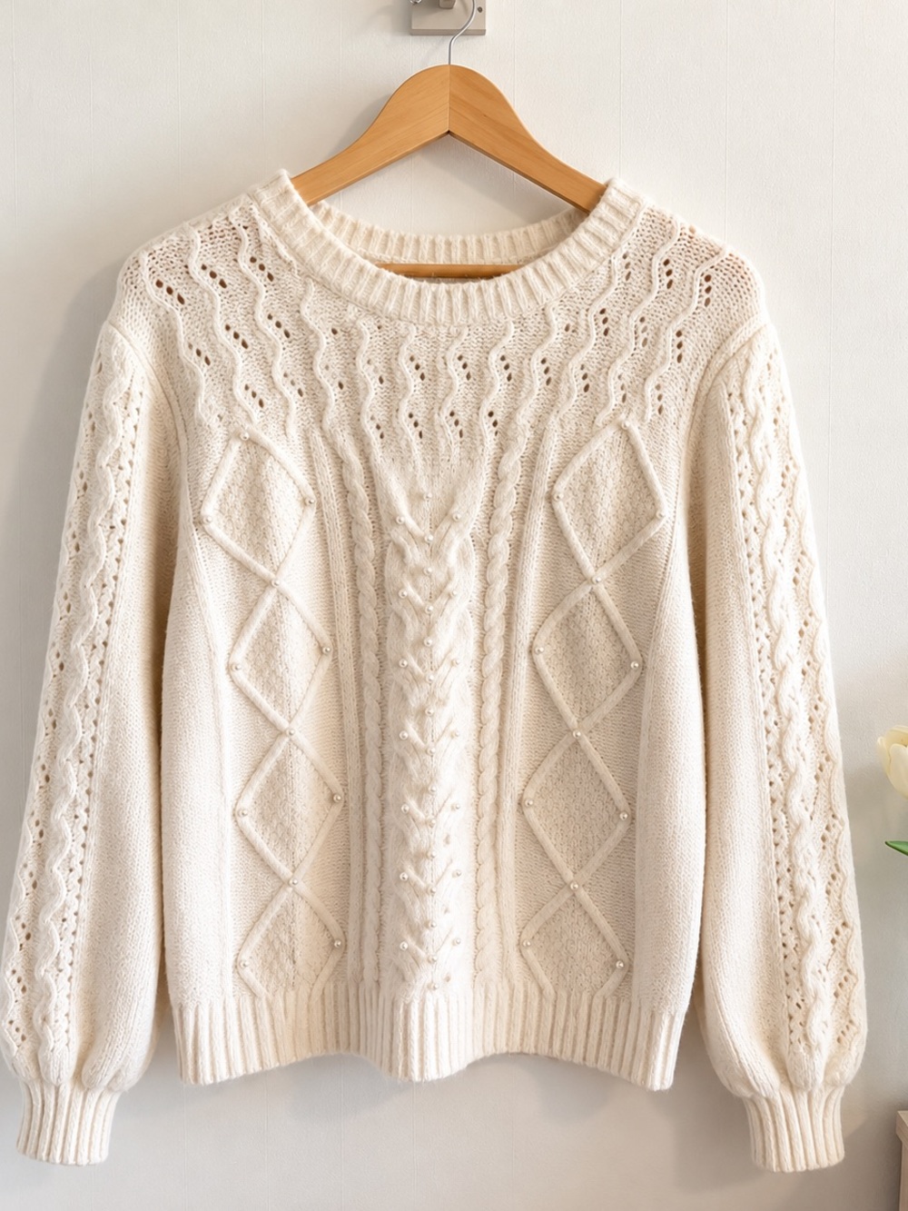 Talbots Ivory Cable Knit Pearl Embellished Sweater Women’s Large